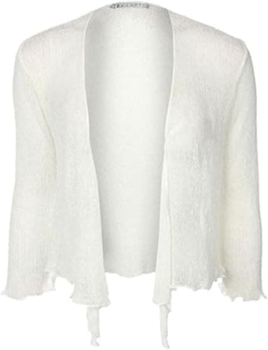 Image of Kiran Fashion Womens Tie Up 3/4 Sleeve Ladies Fine Knit Bolero Cropped Stretchy Shrug Top Jacket Cardigan One Size (UK, Alpha, One Size, Regular, Regular, Ivory)