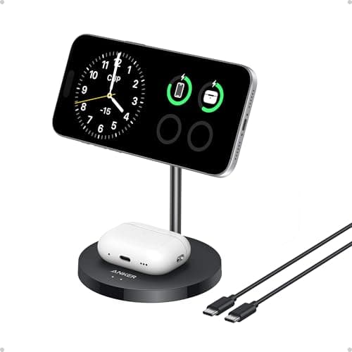 Image of Anker MagGo 2-in-1 Wireless Charging Station, MagSafe Charger Compatible, Qi2 Certified 15W Wireless Stand, Apple Watch Charger for iPhone 16/15/14 Series, AirPods (No AC Adapter)