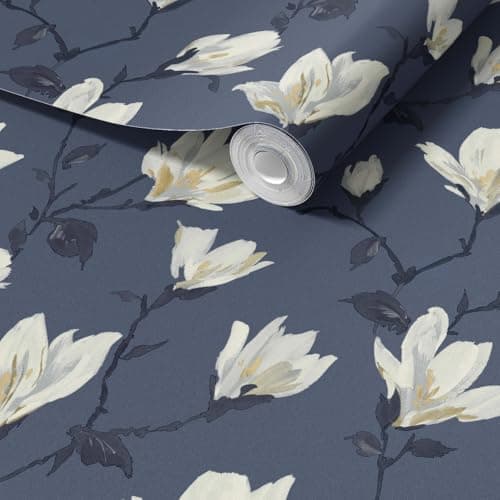 Image of WPE® Arthouse Lily Floral Wallpaper – Navy Colourway – Traditional Paste-The-Paper Roll – Botanical Wall Covering for Bedroom, Living Room, Accent Wall