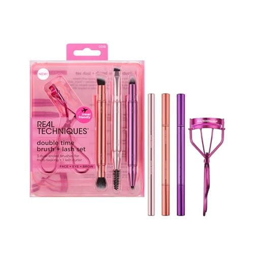 Image of Real Techniques Double Time Brush + Lash 4 Piece Set, Dual-Ended Eye Makeup Brushes For Eyeshadow & Brows, Travel-Friendly Brush Caps For Storage, Eyelash Curler Included, Cruelty-Free