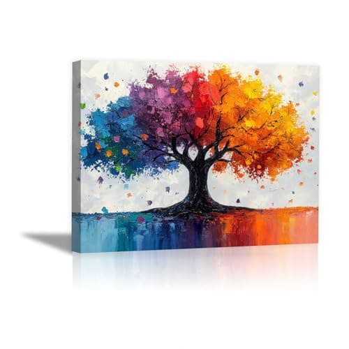 Image of QUSAAOU Pcslarge Canvas Prints Vibrant Multicolor Tree with Abstract Splash Style Retro Landscape Paintings Living Room And Bedroom Home Decorations Easy Hanging(Multicolor)-30x45cm1 Framed