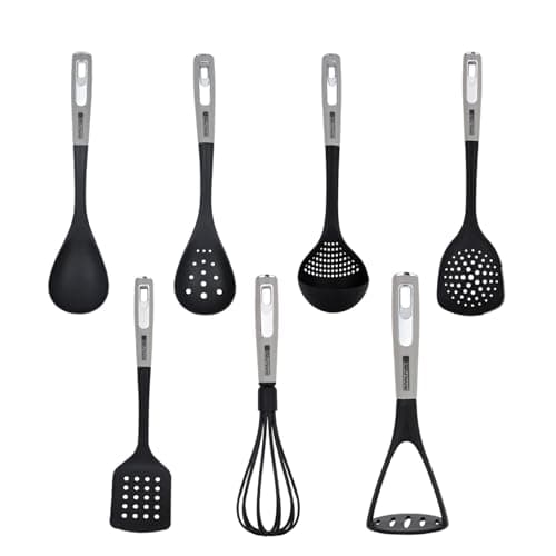 Image of Royalford 7 PC Nylon Kitchen Utensil Set for Cooking | Serving Spoon, Slotted Spoon, Slotted Spatula, Skimmer, Soup Ladle, Egg Whisk & Potato Masher Set | Safe for Non-Stick Cookware, BPA Free & Heat
