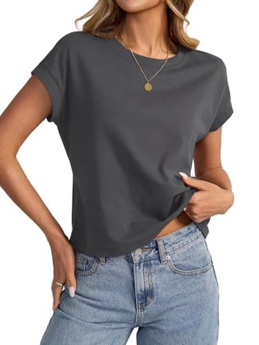 Image of EasyGala Womens Cap Sleeve Crop Tops Cotton T Shirts Crewneck Loose Fit Short Sleeves Tee Summer Fashion Clothes 2025, A-charcoal Black, S