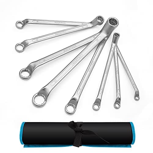 Image of DURATECH 8-Piece Offset Double Ring Spanner Set 6-22 mm, Metric Box End Wrench Set, Chrome Vanadium Steel, Matte Chrome-Plated, 75-Degree Offset, 12-Point, DIN 838, with Carry Pouch