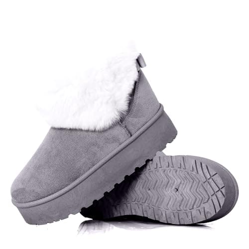 Image of Women’s Faux Fur Lined Platform Ankle Boots, Warm Winter Suede-Effect Slip On Short Boots with Non Slip Sole, Cosy Outdoor (GREY, One Size, Adult, Women, 5, Numeric, UK Footwear Size System, Medium)