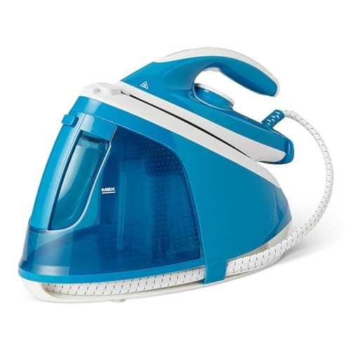 Image of Amazon Basics Steam Generator Iron with 6 Bar Pump, 240g/min Steam Boost, 120g/min Output, 1.5L Tank, 2400W White/Blue