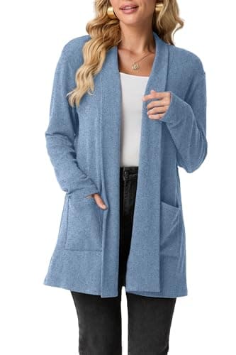Image of GRECERELLE Womens Long Cardigans Open Front Lightweight Elegant Casual Cardigan Ladies Shawl Neck Jumpers for Women UK with Pockets, Fall, Winter, Spring (Denim Blue, L)