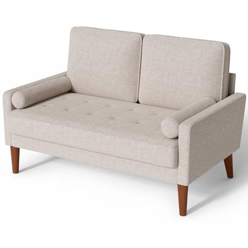 Image of Vesgantti Linen Sofa With Spring Cushion - Small 2 Seater for Living Room, Bedroom, Office - Comfy Couch With Armrests - Modern Love Seat in Ashbeige