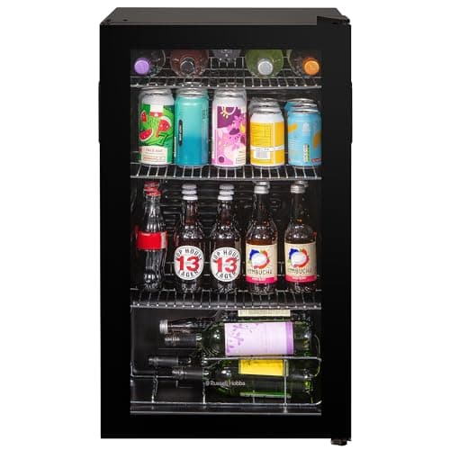Image of Russell Hobbs Undercounter Fridge 93 Litre/48 Can Undercounter Freestanding Beverage/Drinks Wine Fridge for Beer in Black, LED Light, Drinks & Snacks Glass Door, 2 Year Guarantee RH48BC101B