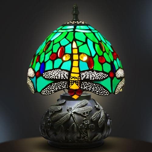 Image of Ppbmocw Small Tiffany Lamp,Stained Glass Table Lamp for Living Room,Bedside,Reading,8 Inch Vintage Mini Mushroom Desk Light Included 3 Color Temperatures E27 Bulb (Green Dragonfly)