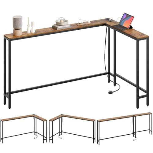 Image of YATINEY Slim Console Table, 200 cm Narrow Sofa Table with Power Outlets, Behind Entryway Table, 3 Assembly Options, for Entryway, Rustic Brown XCT17KBR