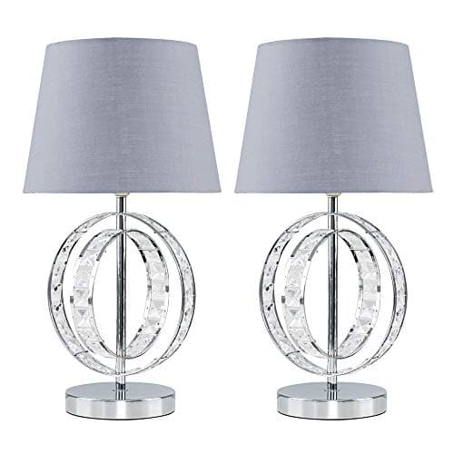 Image of MiniSun | Modern Chrome Acrylic Jewel Table Lamp with a Grey Tapered Light Shade | Home Décor, Bedside & Desk Lamp | Set of 2