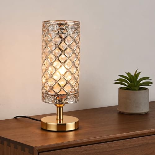 Image of JHYPVII Gold Crystal Table Lamp with Switch and Plug, Bedroom Nightstand Light with K9 Crystal Shade E27 * 1 Modern Elegant Crysta Bedside Table Lamps for Living Room Dining Room Dresser