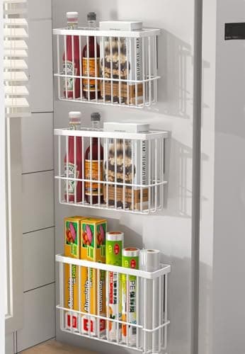 Image of EigPluy 3 Pieces Kitchen Cabinet Door Storage Box, Self-Adhesive Storage Box, Wall Mounted Metal Storage Boxes,Cabinet/Bathroom/Fridge Small Items Organiser Storage Boxes (White3)