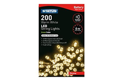 Image of Status Vienna String Lights | 200 LED Warm White Light Chain with 6 Hour Timer | 16.3 Meter Cable Length (0.4m to First Light) | Indoor & Outdoor Party Lights Battery Operated | VIENNA200BTW6