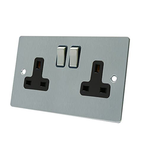 Image of AET FSC2GSOCBS 13 A 2-Gang Satin Chrome Flat Double Plug Socket with Black Insert Metal Rocker Switches