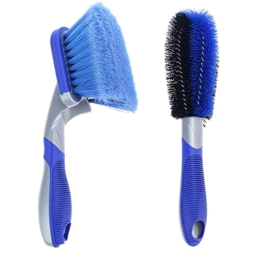Image of QWORK® 2Pcs Alloy Wheel Brush Set - Car Rim Cleaning Brushes with PVC Handle, Soft Bristles, and Storage Feature