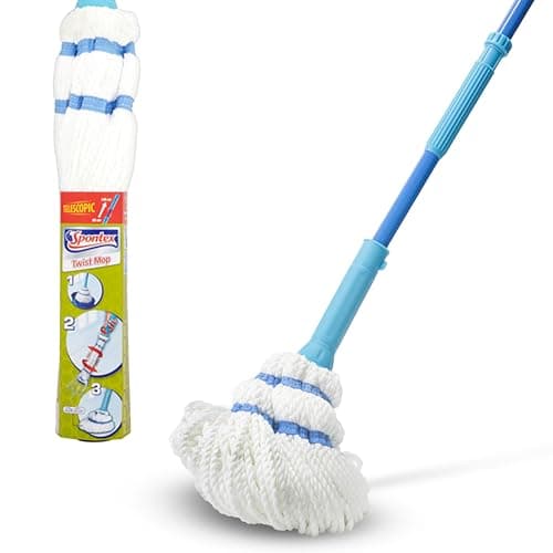 Image of Spontex Twist Mop, Microfibre Mop with Built-In Self Wringing System, Non-Scratch Scourer Pad for Tough Stains, Cleans Laminate, Wood & Tile Flooring, Washable Mop Head