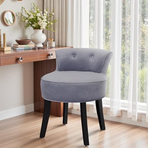 Image of Qivange Velvet Vanity Dressing Table Stool Low Back Makeup Vanity Stool Chair Bedroom Chair Stool Wood Legs (Grey, 51 * 48 * 60)