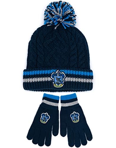 Image of Harry Potter Hat and Gloves Set Adults | Mens Womens Gryffindor Ravenclaw OR Slytherin Hufflepuff House Options Knitted Pom Pom Beanie | One Size Winter Hat