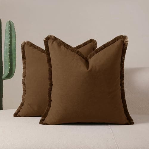 Image of Tennove Cushion Covers 45x45cm Set of 2 Decorative Boho Throw Pillow Case with Fringe Tassels Washed Cotton Linen Soft Farmhouse Pillow Cover for Home Sofa Bed Room,Caramel Brown