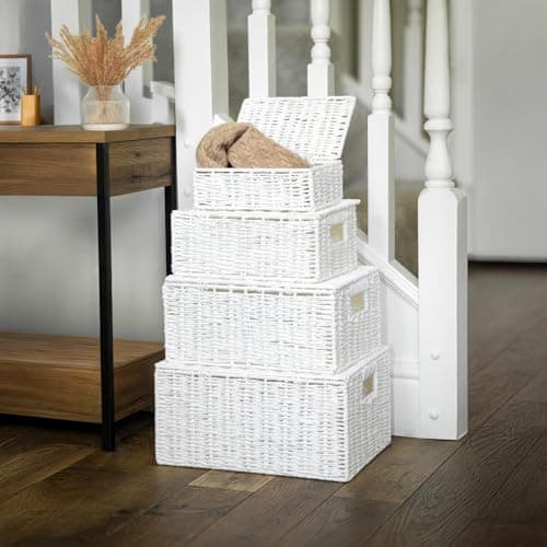 Image of HomeZone Set of 4 White Woven Paper Rope Storage Baskets with Lids – Decorative Nesting Storage Boxes with Handles, Gift Hamper Baskets for Bathroom, Bedroom, Nursery & Home Organisation
