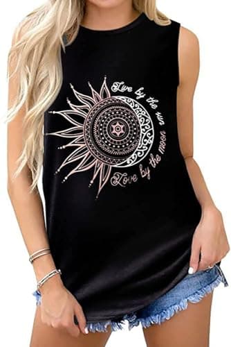 Image of Tank Tops for Women Summer Sleeveless T Shirts Casual Loose Tunic Blouses Vest Tees(Black Sun Moon,M)