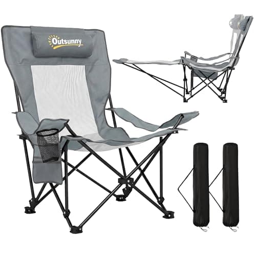 Image of Outsunny Set of 2 Reclining Folding Camping Chair, Portable Camp Chair with Adjustable Backrest, Footrest, Storage Pocket, Cup Holder and Headrest, for Camping, Beach, Picnic, Grey