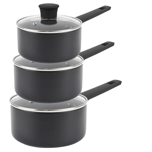 Image of Russell Hobbs COMBO-8693 Saucepan Set – Non-Stick Pans, Induction, With Glass Lids, High Performance, Easy-Clean, Use Little/No Oil, Soft-Touch Handle, 5 Year Guarantee, 16/18/20 cm, Shield Collection