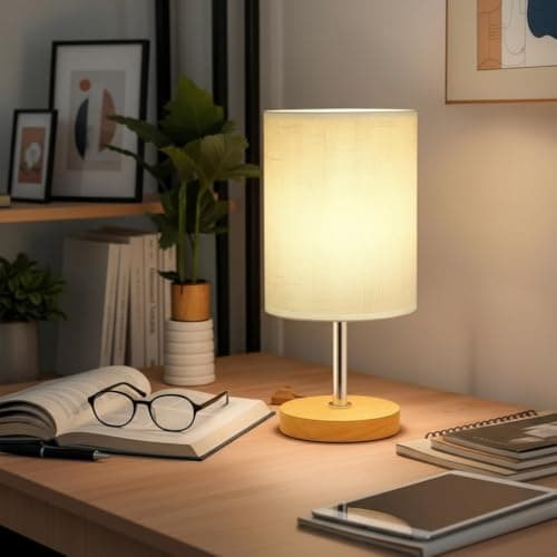 Image of Waibejon Bedside Lamps, 3000K Warm Light Small Table Lamps, Table Lamp for Living Room Bedroom, Wooden Base Linen Fabric Shade, for Bedroom Kids Room Living Room Nightstand Home Office, On-Off Switch