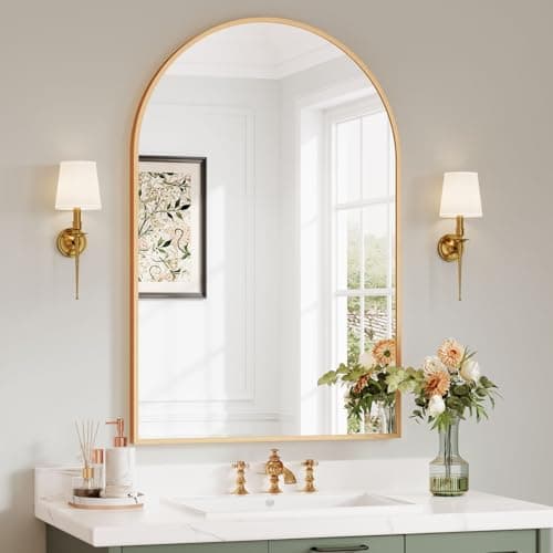 Image of Dripex 60x90cm Gold Arched Mirror, Wall-Mounted or Leaning, Pre-Fitted Holes & Fixing Kit, for Bathroom, Living Room & Bedroom