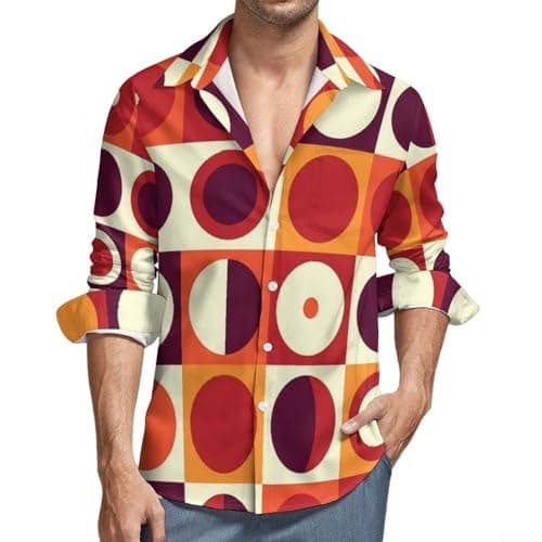 Image of Stylish 3D Printed Long Sleeve Shirt for Men in Retro 70s Style, Ideal for Outings (2XL Red)