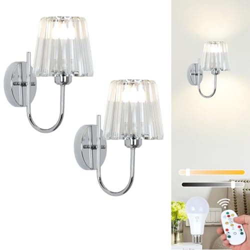 Image of Stepeak Rechargeable Wall Lights Set of 2, Battery Operated Wall Lights with USB Bulb & Remote, Chrome Battery Operated Wall Sconces with Glass Shade, Crystal Wireless Wall Lamp Indoor for Bedrooms