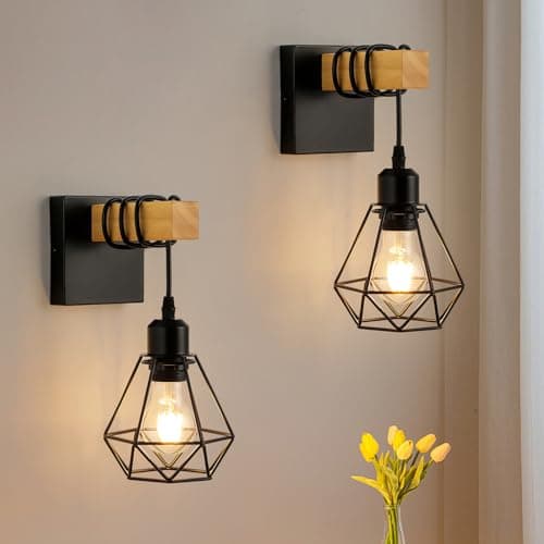 Image of FORCOSO Vintage Wood Wall Lamp 2-Pack, Black E27 Sconce Lights, Industrial Rustic Wall Lighting for Living Room, Bedrooms, Hallway, Stair