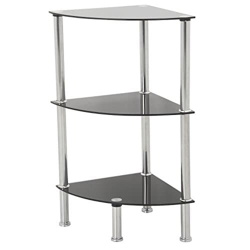 Image of MAHARA 3 Tier Chrome Effect Black Corner Glass Shelving Unit - Tempered Safety Glass Shelves Max 5kg - Storage Unit W41cm x D30cm x H61.5cm - Bedroom Storage/Living Room Accessories/Home Accessories