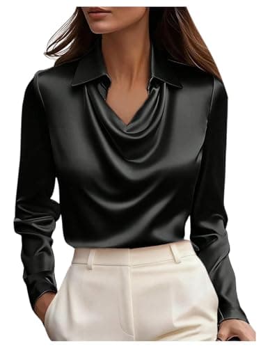 Image of GORGLITTER Women's Satin Collar V Neck Blouses Draped Long Sleeve Dressy Business Casual Shirts Black Medium