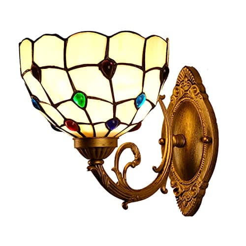Image of GAUUA 8 Inch Tiffany Wall Sconce, Antique Cream Amber Bead Stained Glass Wall Light For Stairway Bathroom Hallway, Handicrafts E27 Crystal Beads Wall Lamp