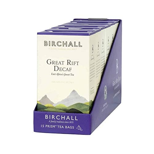 Image of Birchall Great Rift Decaf Blend Tea - A Classic Tea with a Decaffeinated Twist & Distinctive Flavor, A Refreshing & Flavorsome Cup of Tea for Tea Lovers, 6 Boxes of 15 Plant-Based Prism Tea Bags