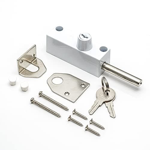 Image of White Multi-Purpose Door Bolt with 2 Keys. Security Bolts for Various Door Types. Supplied with Fixtures and Fittings. Universal Door Lock for Internal and External Use