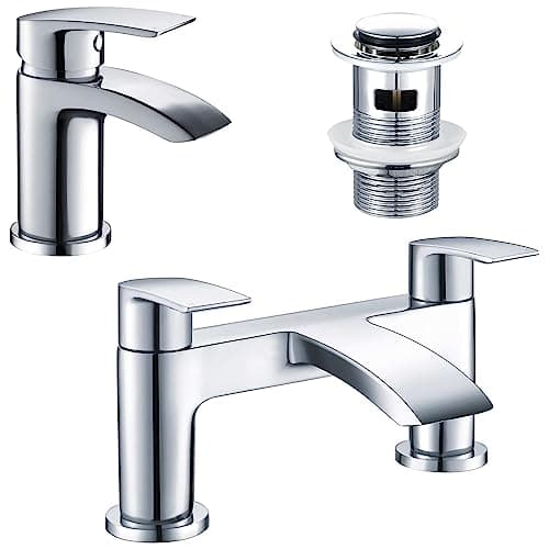 Image of Hapilife Bath Tap and Basin Mixer Tap Set with Slotted Pop up Waste Waterfall Bathroom Sink Taps Cloakroom Bathtub Tub Filler Tap Mixers Monobloc Chrome Brass Bathroom Taps Set Click Clack Modern