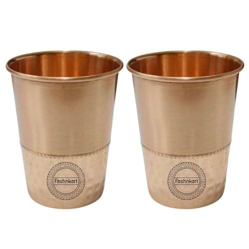 Image of Fashnkart Pure Copper Glasses Drinking Water Set of 2 Ayurvedic Health Pure Tumblers Copper Cups 10.14 Oz 300 Ml (Half Hammered)