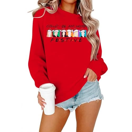 Image of FASHGL Christmas Friends Sweatshirt Women Funny Cartoon Graphic Pullover Top Christmas Movie Shirt Xmas Party Long Sleeve Tee, Red, XXL