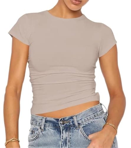 Image of LACOZY Women's Short Sleeve T-Shirt Sexy Crop Top Y2K Fashion Aesthetic Clothes Outfit Club Party Streetwear Taupe M