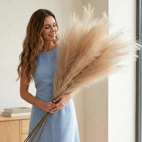 Image of Extra Large Pampas Grass Artificial Fluffy, Fake Large Feathers For Floor Vase, Decorative Tall Artificial Flowers For Vase, Brown Pampas Grass Bedroom Living Room Ornaments, 3 stems x 116cm Long