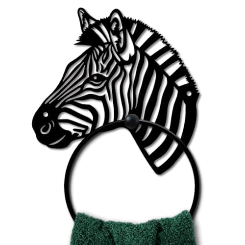 Image of MAYJOYDIY Zebra Head Metal Towel Ring Round Grassland Zebra Hand Towel Holder Animals Ring Hanger Wall Mount Black Vintage Towels Wall Organizer for Kitchen Bath Home Laundry Room Decors Gifts