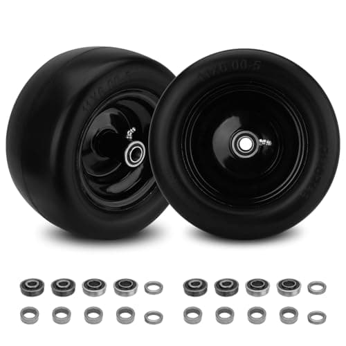 Image of 2PCS 11x6.00-5 Flat Free Tire and Wheel with 1/2" & 3/4" & 5/8" Precision Bearings and 5.8"-10.4" Centered Hub, Black Front Zero-Turn Smooth Tire Replacement for Riding Lawn Mowers Garden Tractor