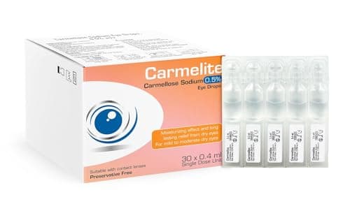 Image of Carmelite Carmellose Sodium 0.5% Lubricant Eye Drops for Dry Eye Relief, Preservative-Free Single Dose Use Vials, 30 x 0.4 mL, Sterile Gentle Moisturising Drops