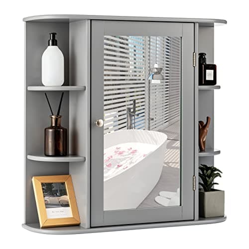 Image of Multigot Bathroom Mirror Cabinet, Wall-Mounted Storage Cupboard with Adjustable Shelves, Single Door Organizer Unit for Living Room and Bedroom (Grey, 65 x 17 x 64 cm)