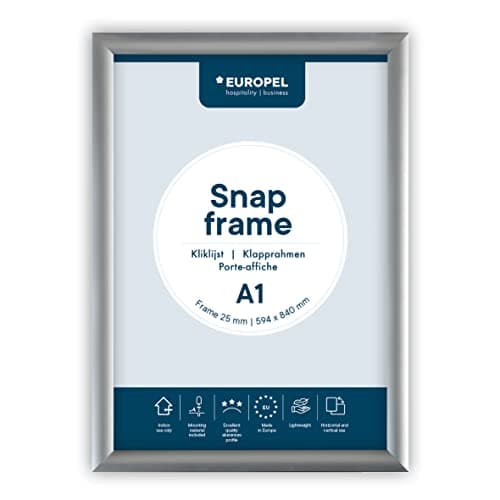 Image of EUROPEL Snap Frame A1, 25 mm | Aluminium Anodised Construction & Anti-Glare Cover | Clip Poster Holders for Retail & Advertising Displays | Notice Sign Board Frame for Walls
