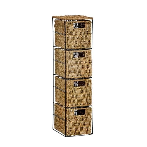 Image of Home Source Bathroom Chest of Drawers, 4 Natural Seagrass Storage Baskets, Black Metal Frame, 65cm